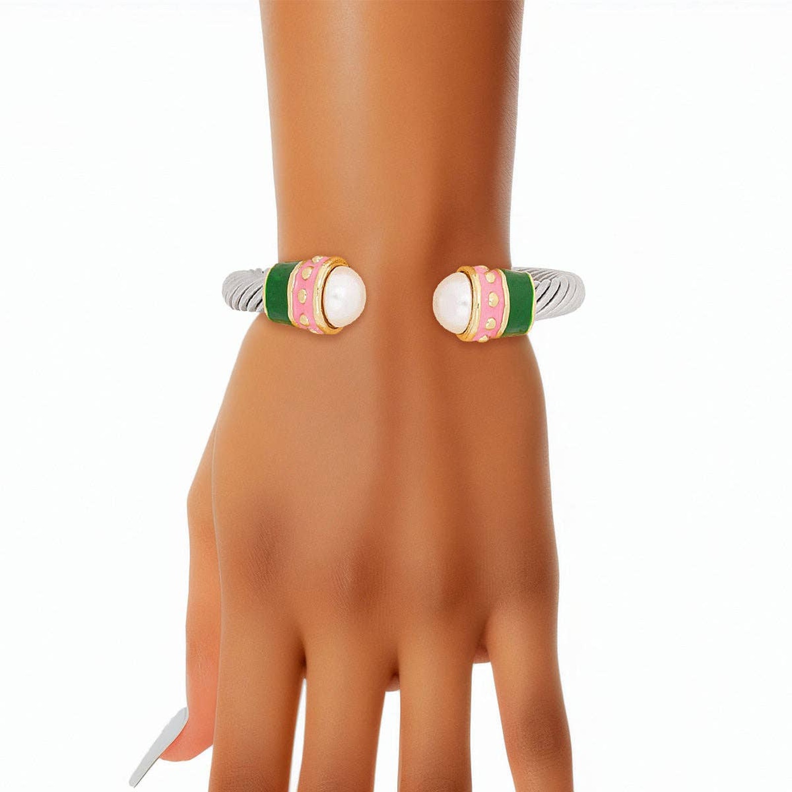 Aka Pink Green Thick Cable Classic Silver Bangle 34$